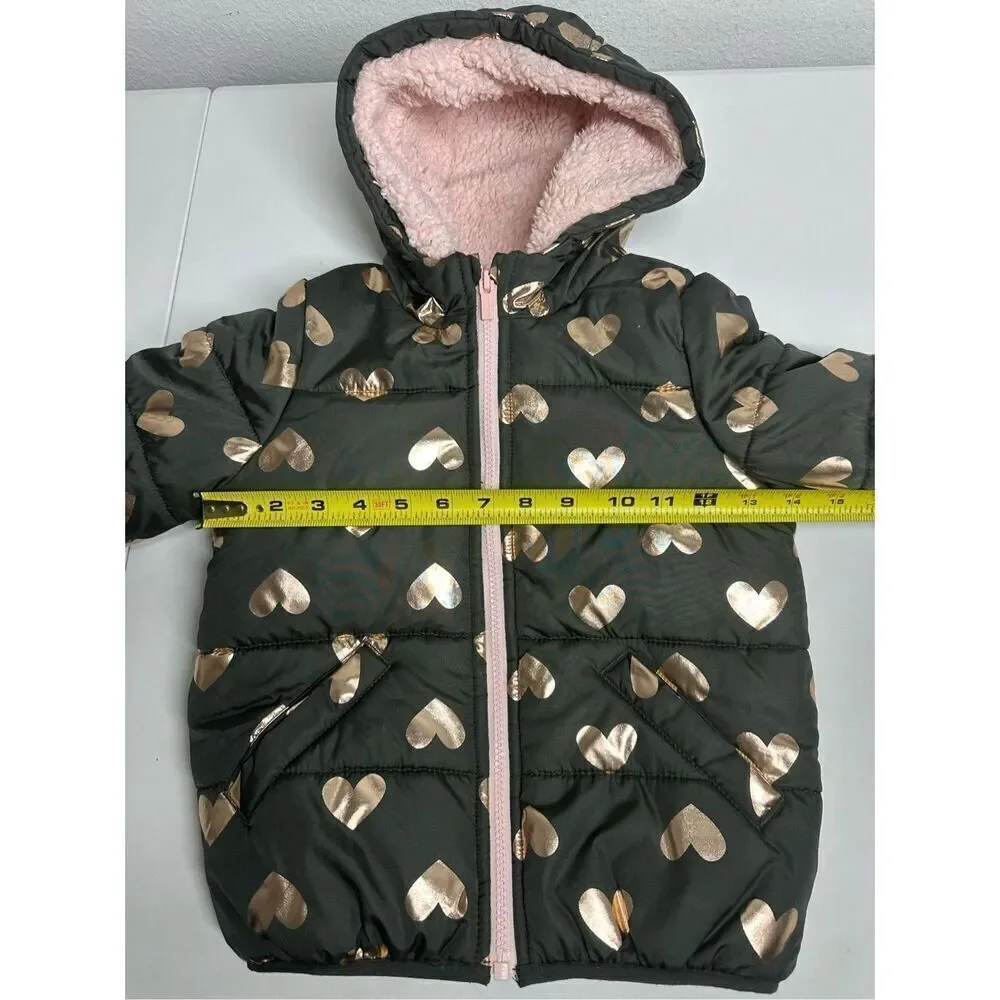 Carter's Puffer Coat Gold Hearts Print Size 4T Brown Pink See Description